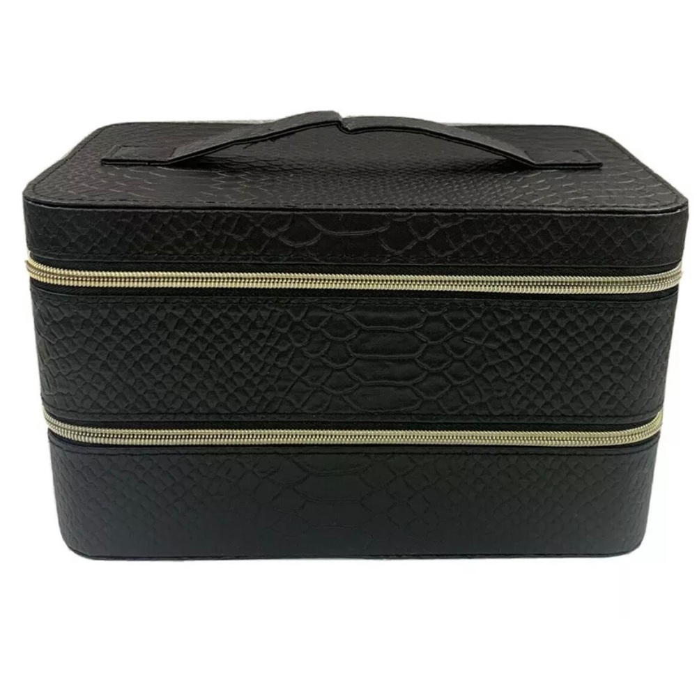 Lancome Large Black Hard Train Case Zip Makeup Cosmetic Bag Organizer 9x 5.5x5.5